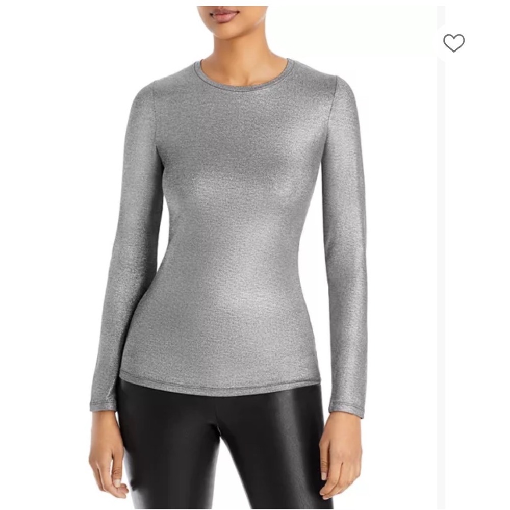 Majestic Filatures Metallic Fitted Top Silver Shimmer Long Sleeve Sz 3 NWT Luxe